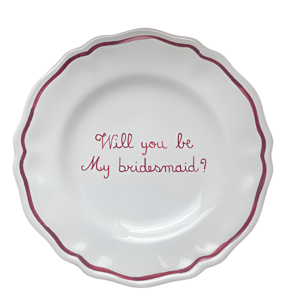 Sveva's Home Ceramic "Will You Be My Bridesmaid" Scalloped Plate Set in Red