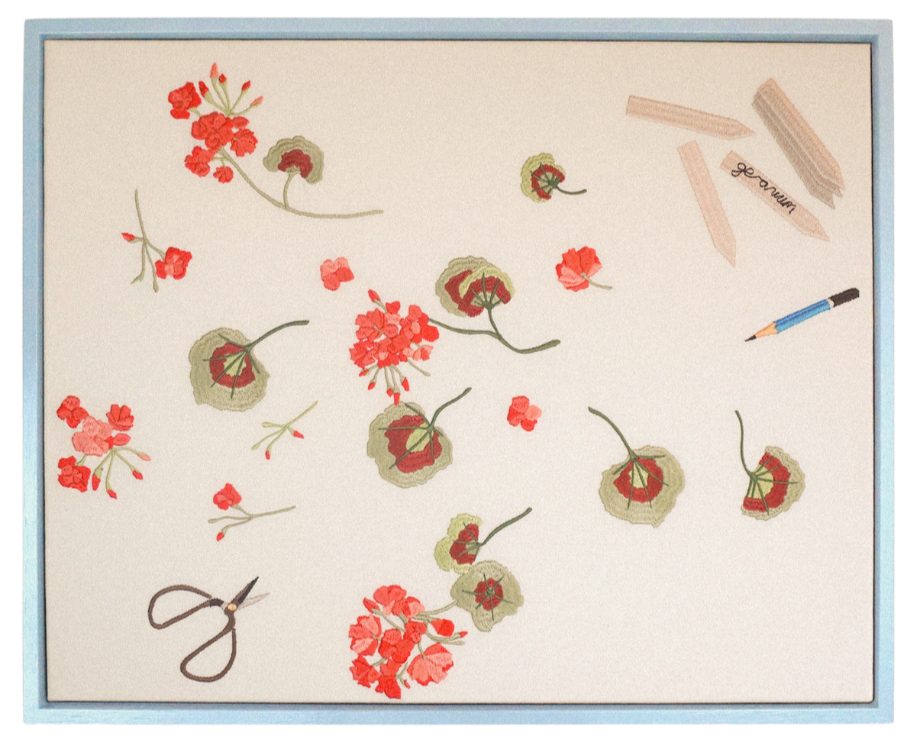 Lappliq, Geranium cuttings framed embroidered canvas