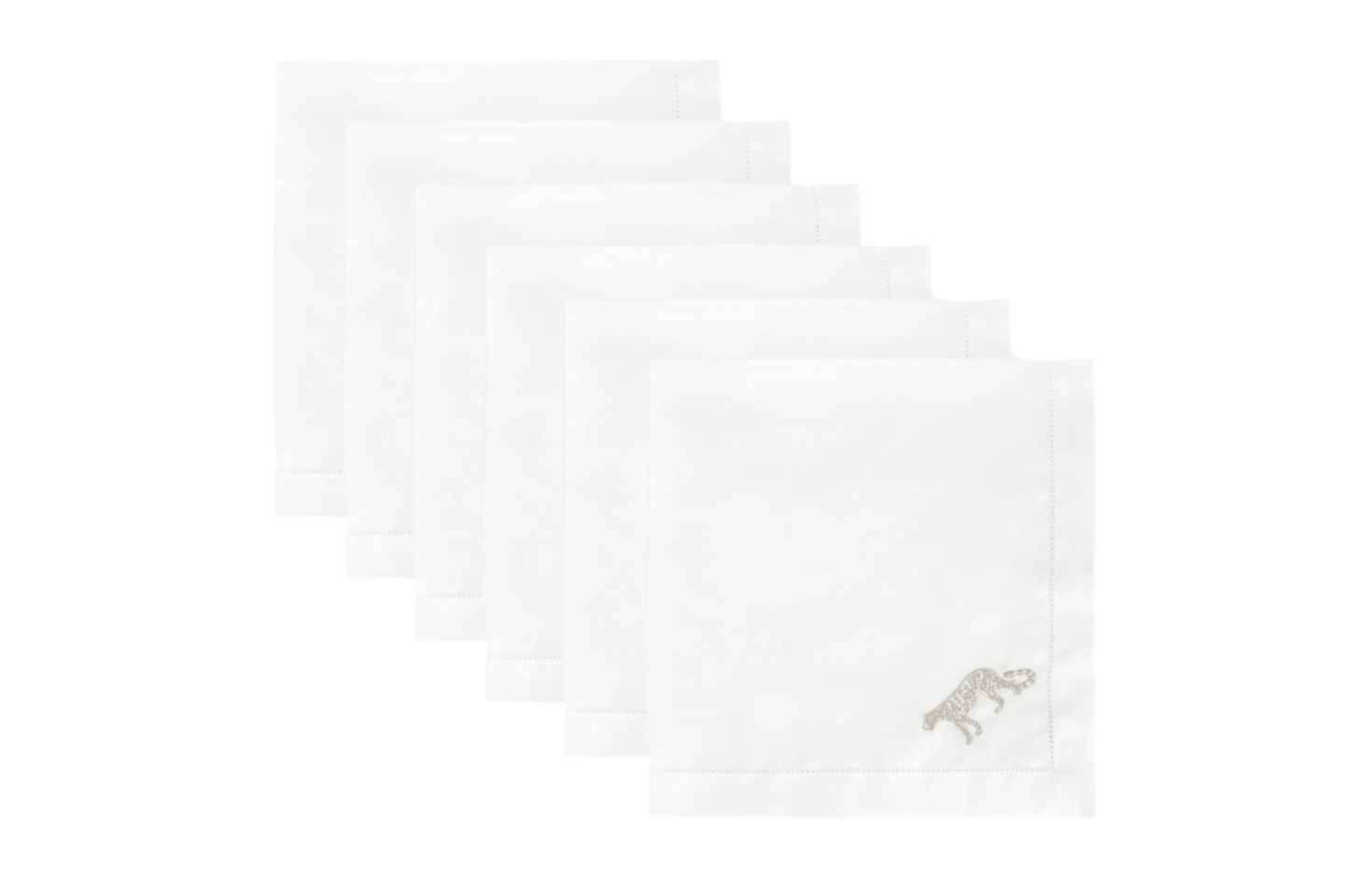 Volga Linen, Set of 6 Large Hemstitch Napkins Ivory White Leopard Embroidery