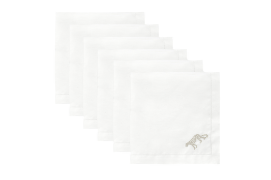 Volga Linen, Set of 6 Large Hemstitch Napkins Ivory White Leopard Embroidery