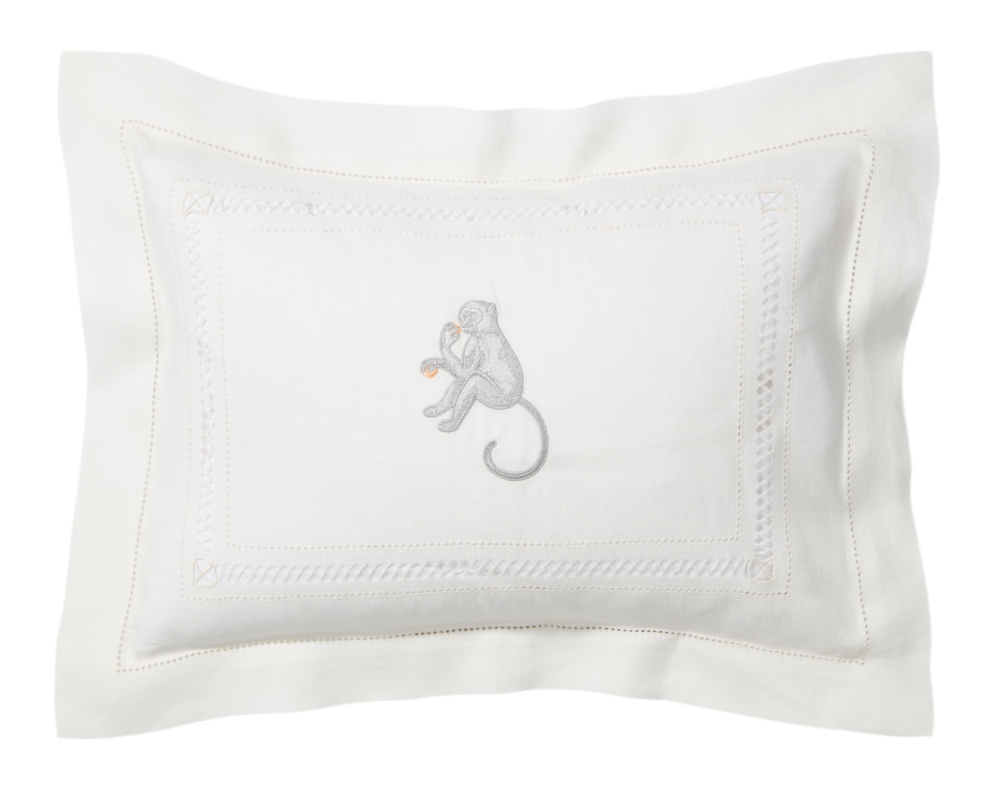 Volga Linen, Boudoir Pillow with Diamond Stitch and Monkey Embroidery