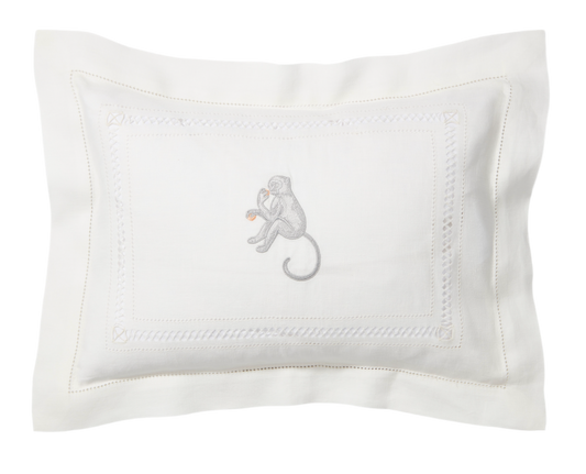 Volga Linen, Boudoir Pillow with Diamond Stitch and Monkey Embroidery