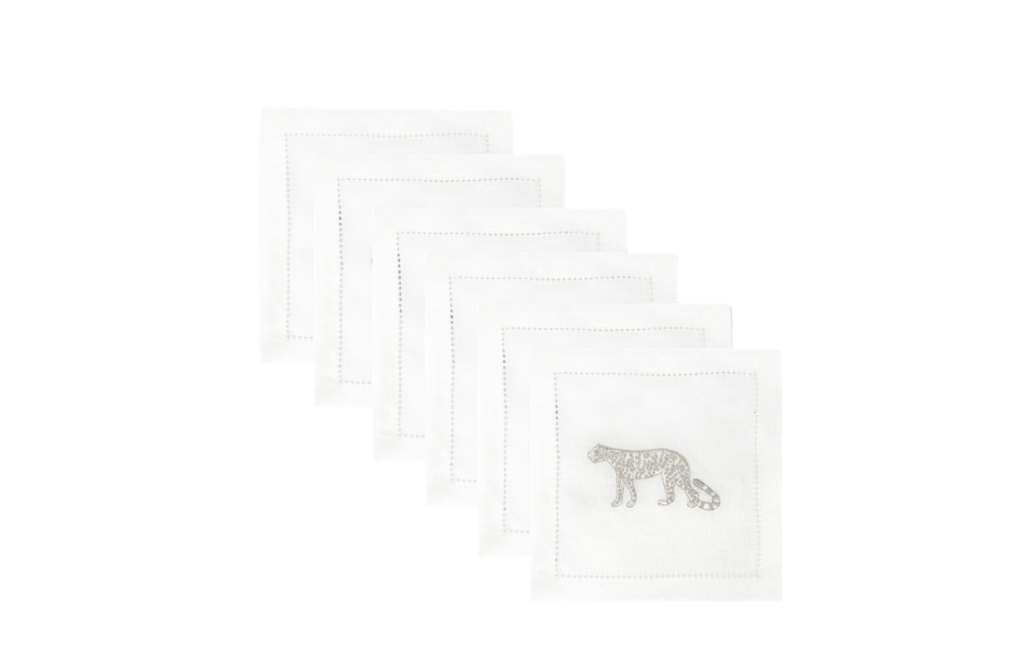 Volga Linen, Set of 6 Cocktail Napkins Hemstitch Leopard Embroidery