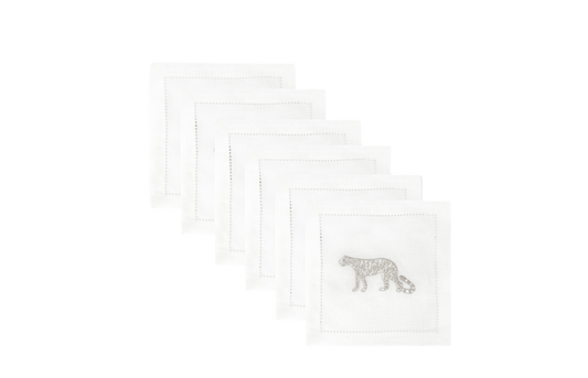 Volga Linen, Set of 6 Cocktail Napkins Hemstitch Leopard Embroidery