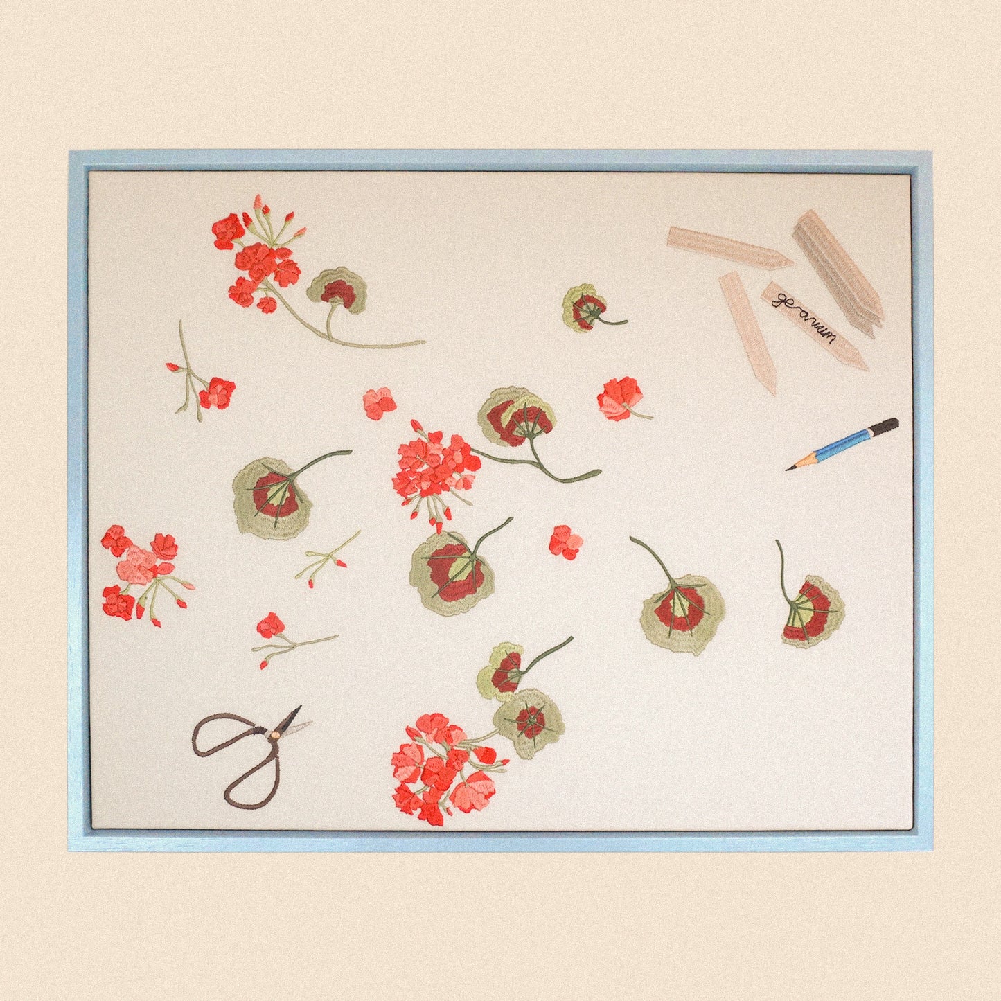 Lappliq, Geranium cuttings framed embroidered canvas