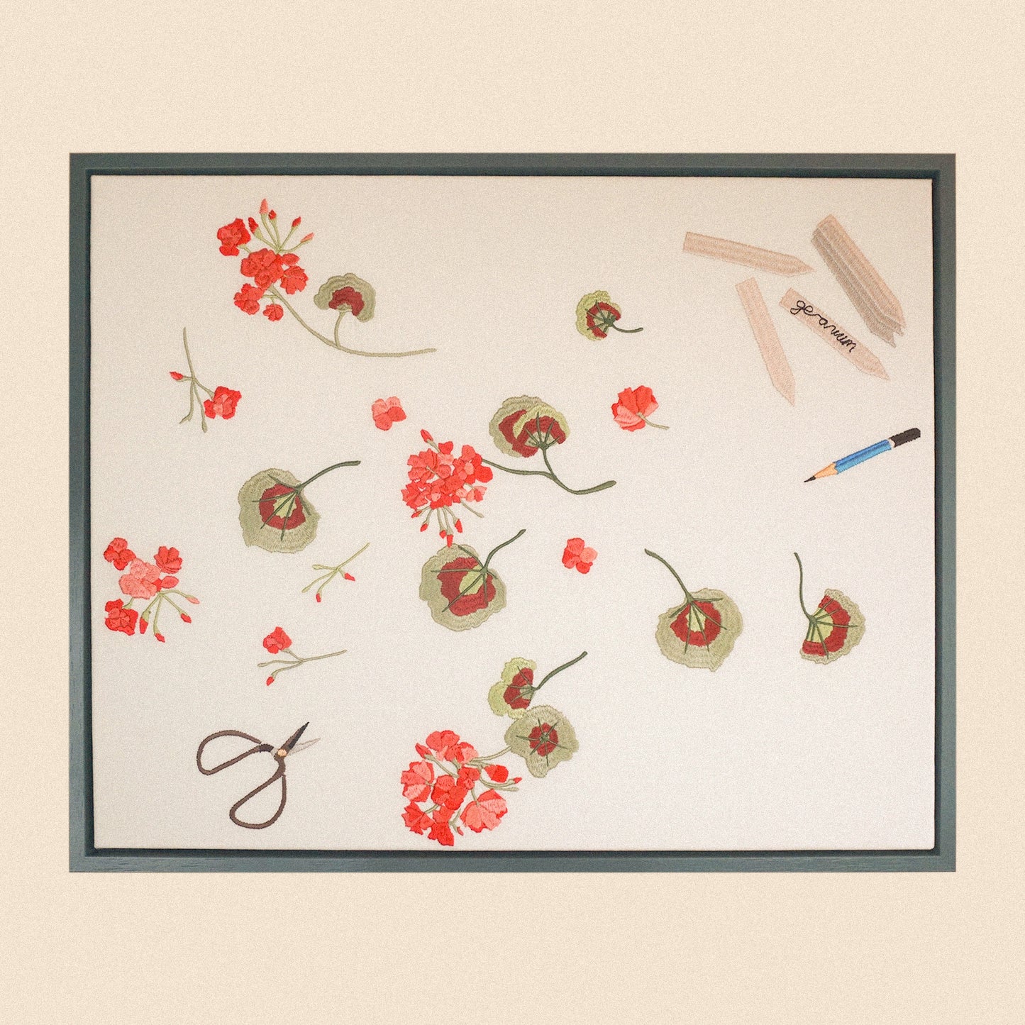 Lappliq, Geranium cuttings framed embroidered canvas