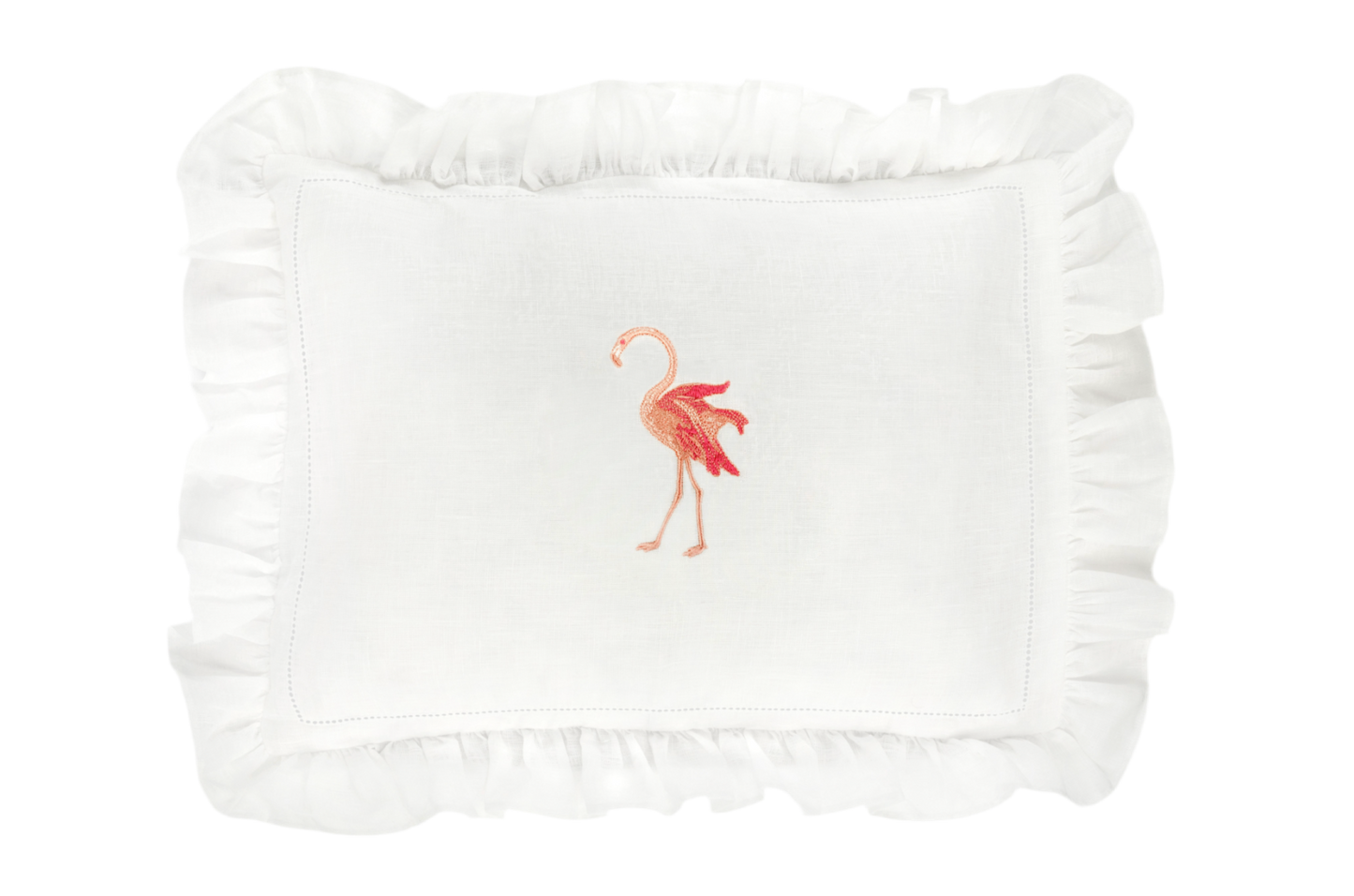 Volga Linen, Boudoir Pillow with Frill and Flaming Flamingo Embroidery