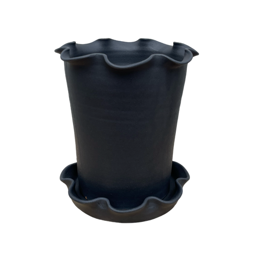Paige Mitchell, Frilly Plant Pot and Saucer, Matte Black