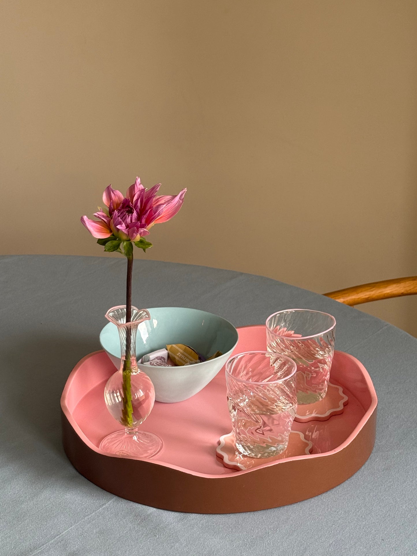 The Allegra Round Wiggle Tray in Pink and Brown