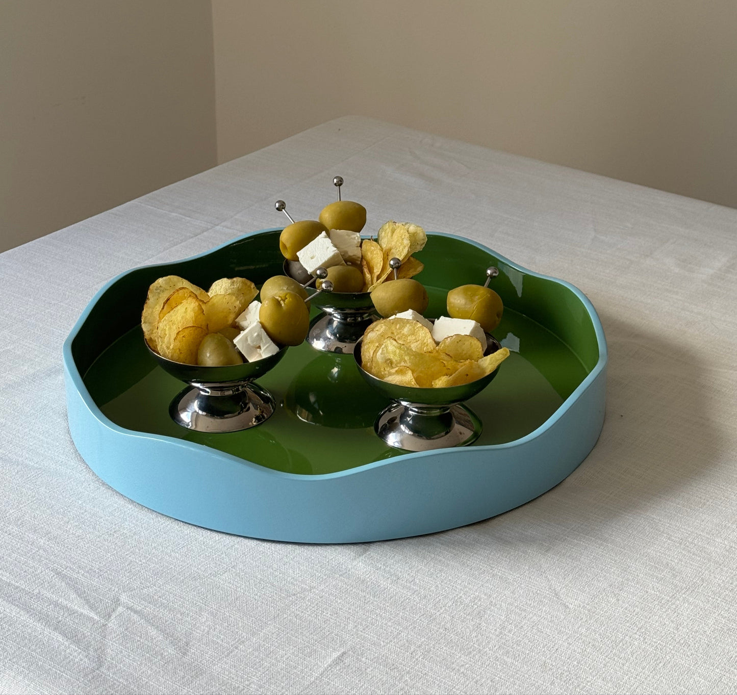 The Allegra Round Wiggle Tray in Green and Blue
