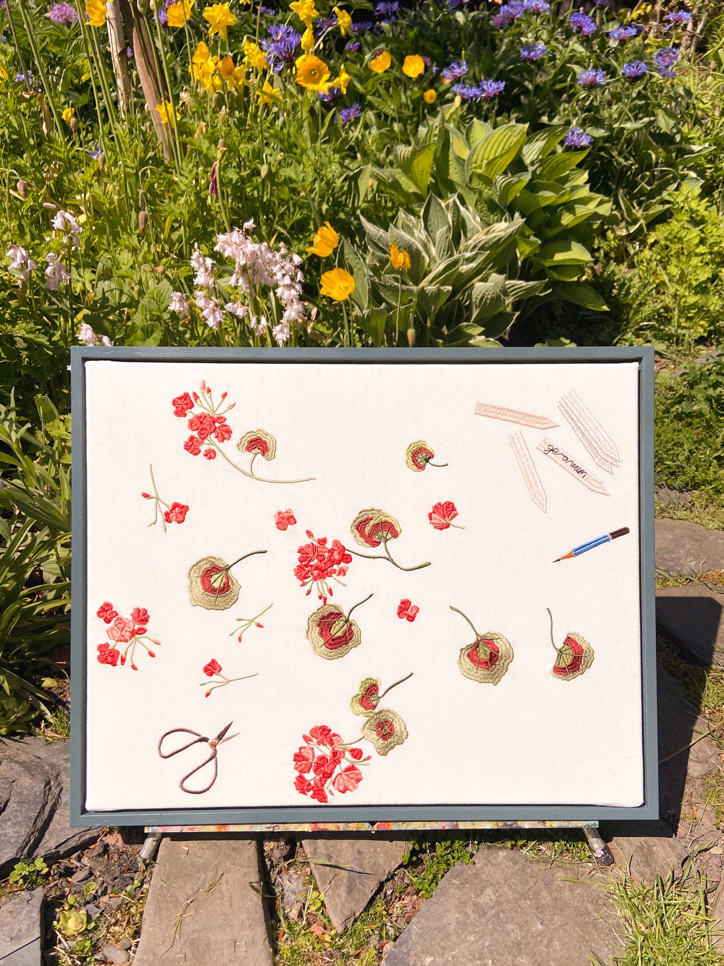 Lappliq, Geranium cuttings framed embroidered canvas