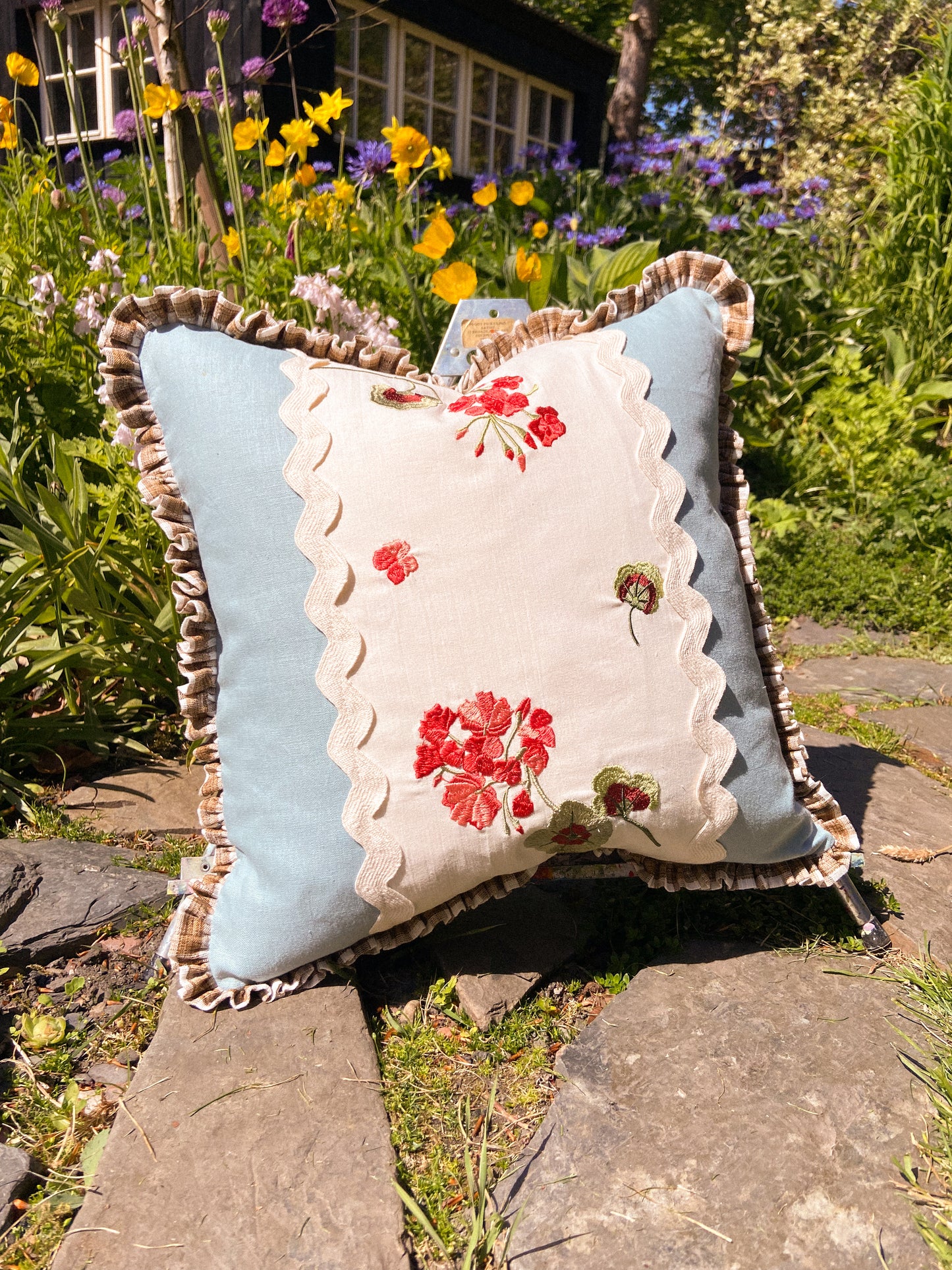 Lappliq, Geranium Patchwork Linen Cushion