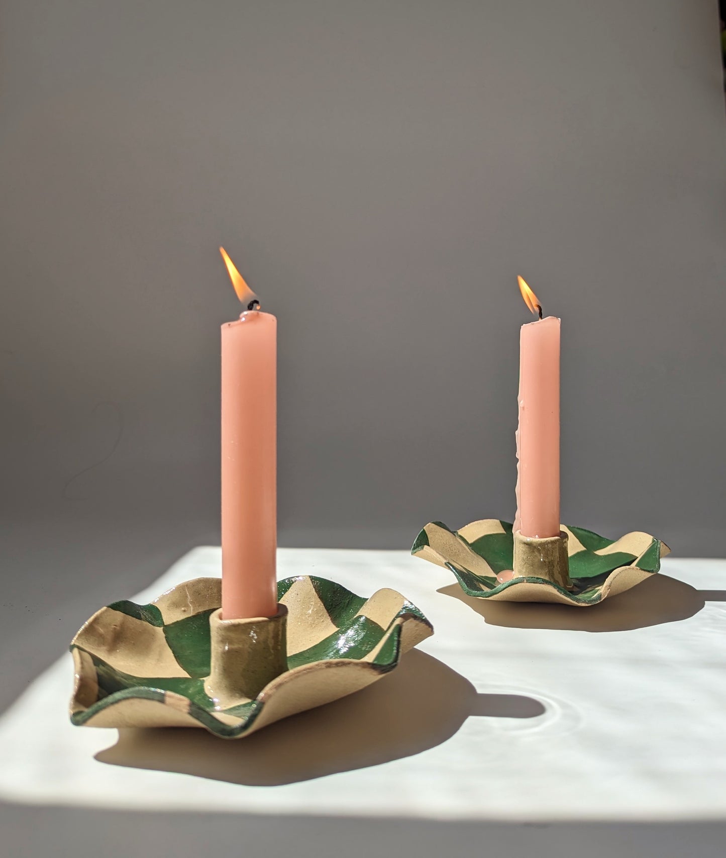 Rosie Gore, Green Checked Scalloped Pair of Candle Holders