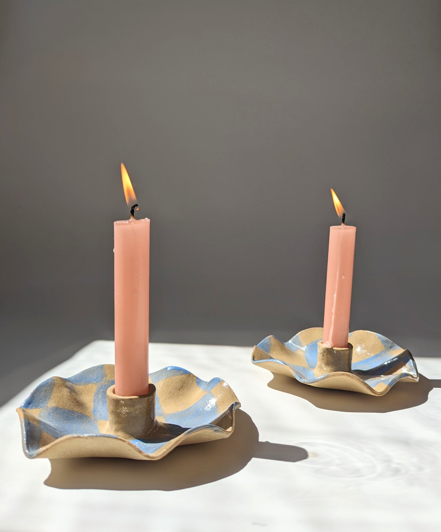 Rosie Gore, Blue Checked Scalloped Pair of Candle Holders