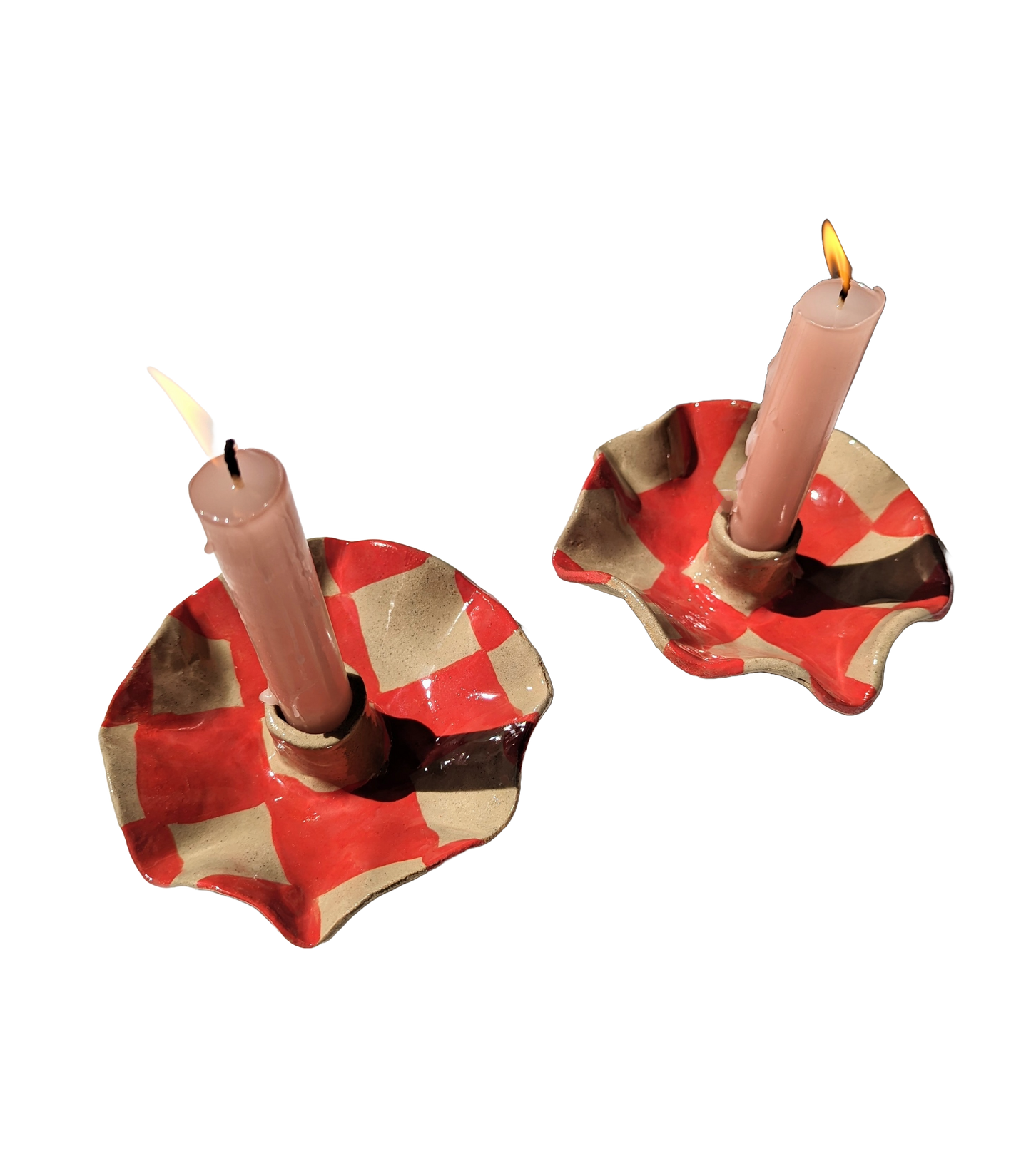 Rosie Gore, Red Checked Scalloped Pair of Candle Holders