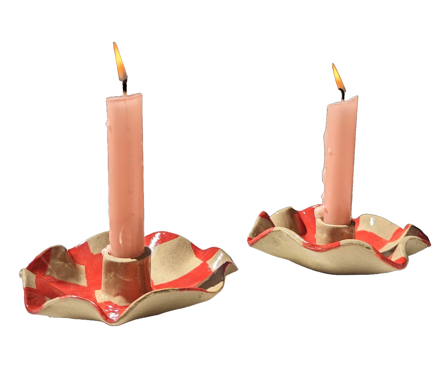 Rosie Gore, Red Checked Scalloped Pair of Candle Holders
