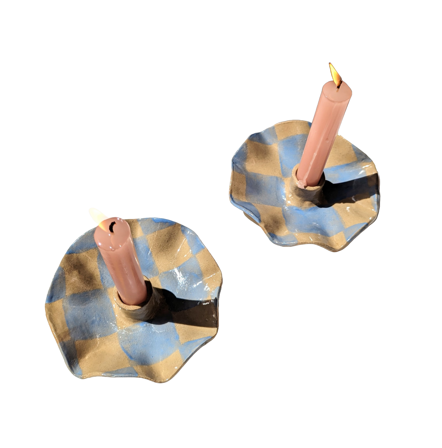 Rosie Gore, Blue Checked Scalloped Pair of Candle Holders