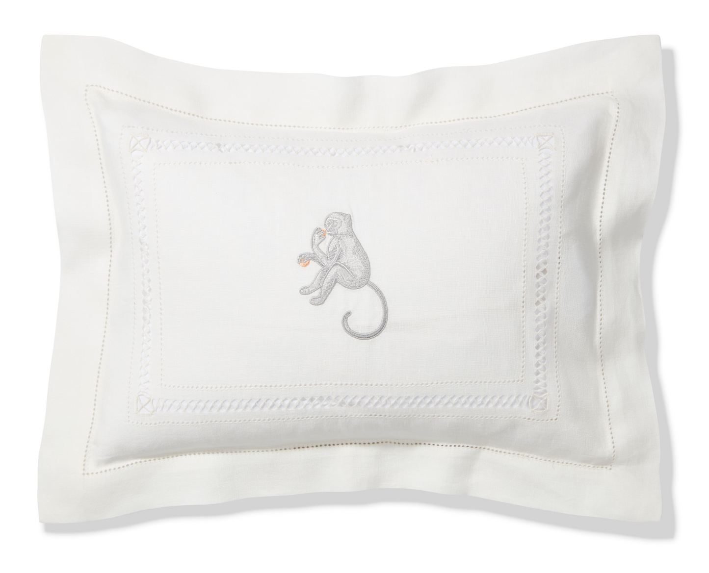 Volga Linen, Boudoir Pillow with Diamond Stitch and Monkey Embroidery