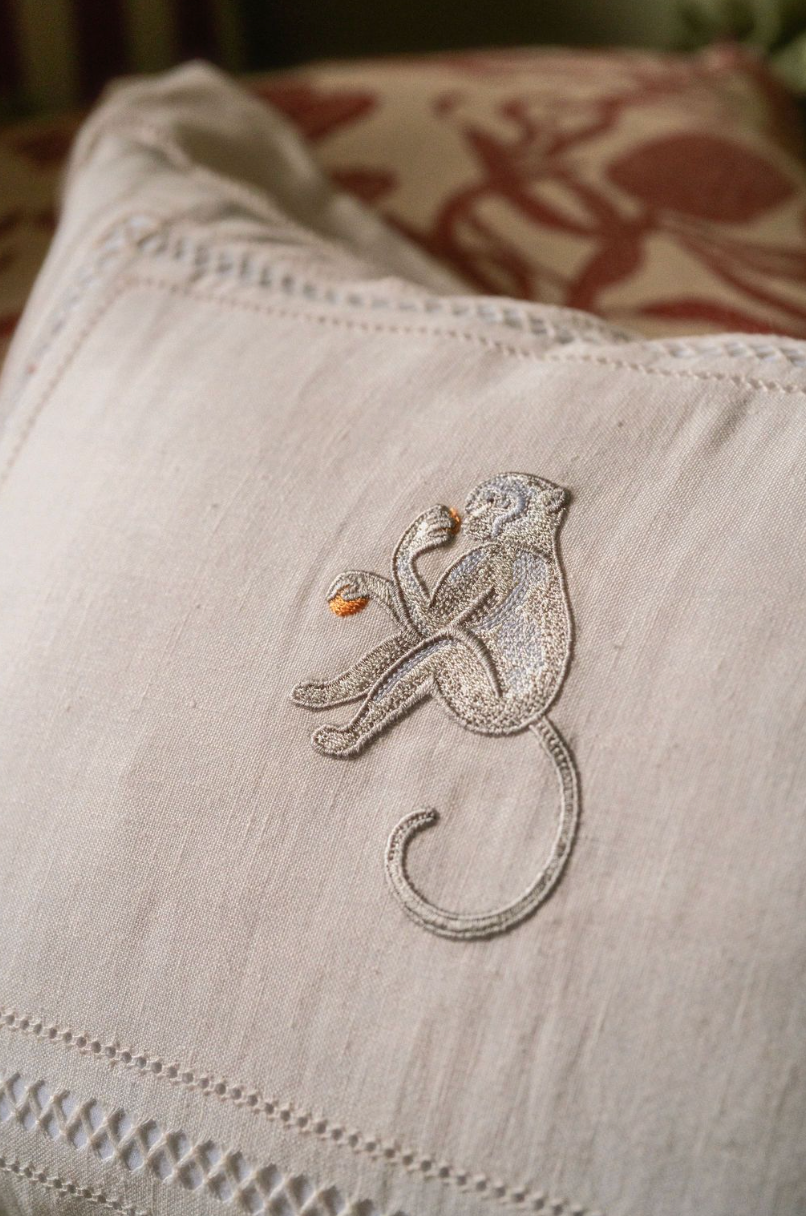 Volga Linen, Boudoir Pillow with Diamond Stitch and Monkey Embroidery