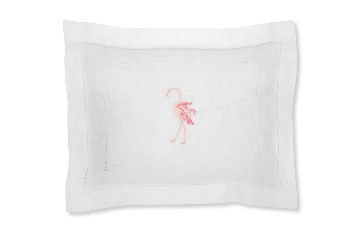 Volga Linen, Boudoir Pillow with Ivory White Hemstitch and Flaming Flamingo Embroidery
