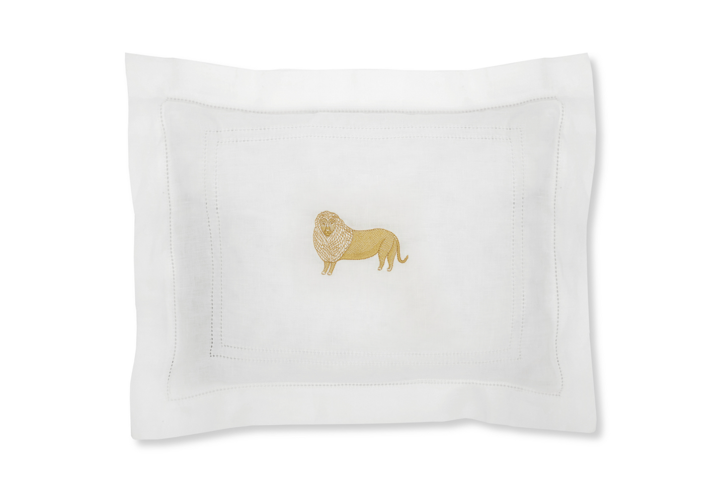 Volga Linen, Boudoir Pillow with Ivory White Hemstitch and Lion Embroidery