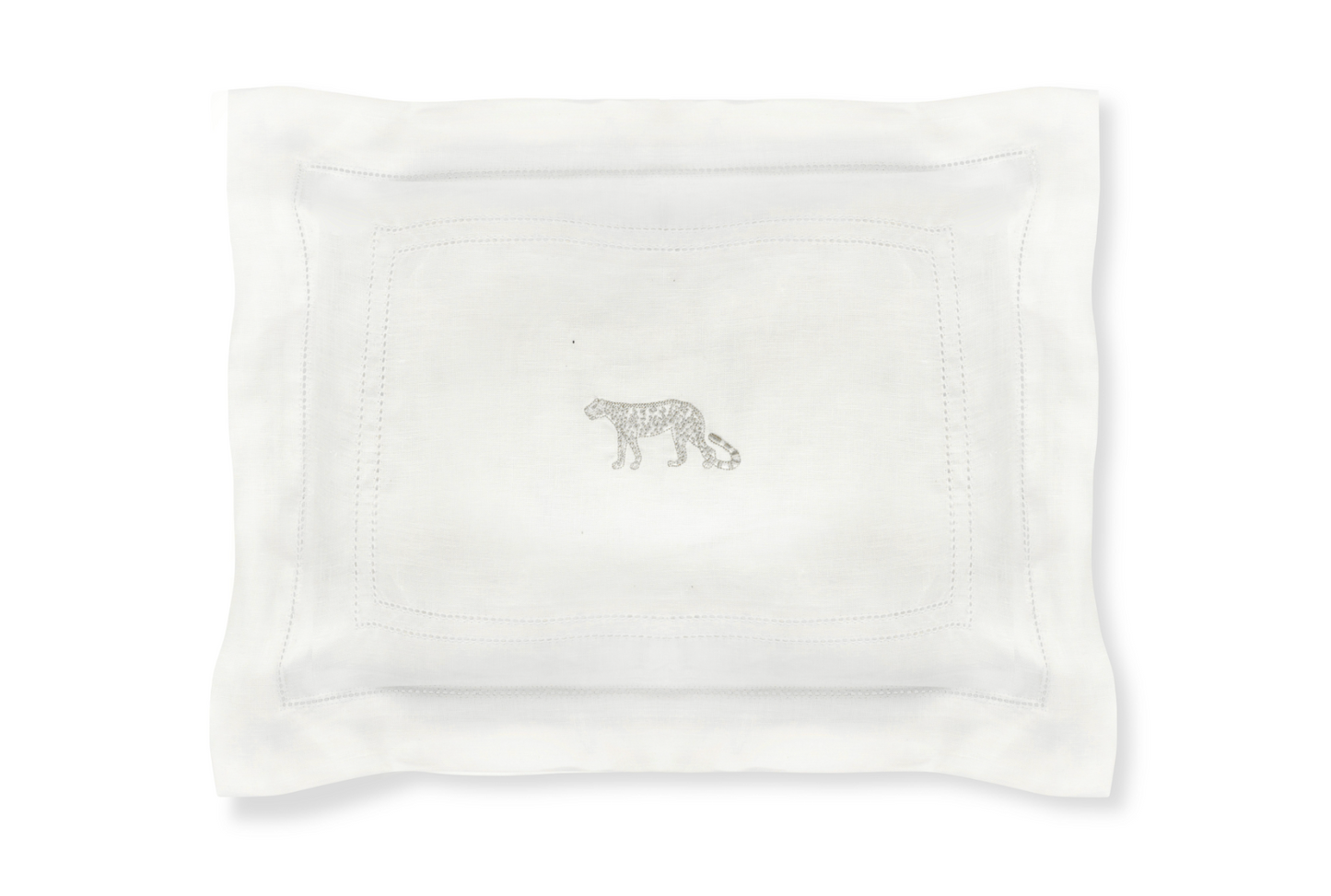 Volga Linen, Boudoir Pillow with Ivory White Hemstitch and Leopard Embroidery