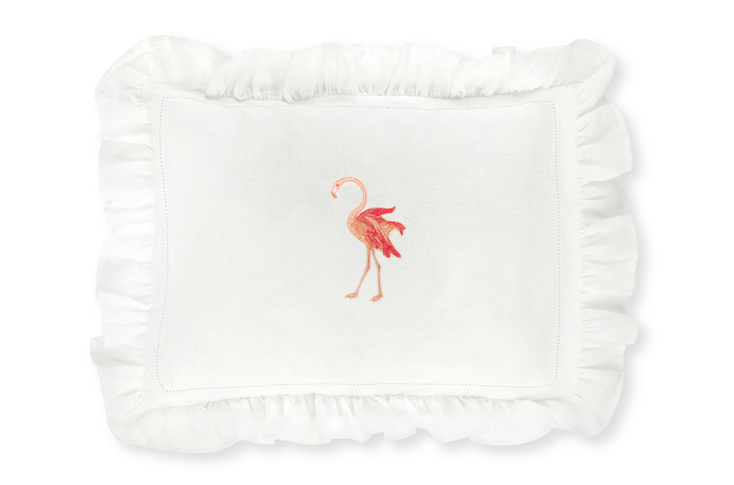 Volga Linen, Boudoir Pillow with Frill and Flaming Flamingo Embroidery