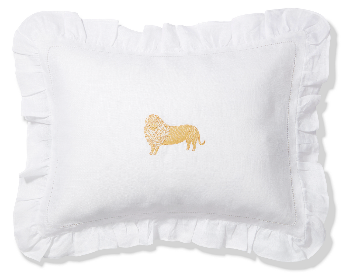 Volga Linen, Boudoir Pillow with Frill and Lion Embroidery