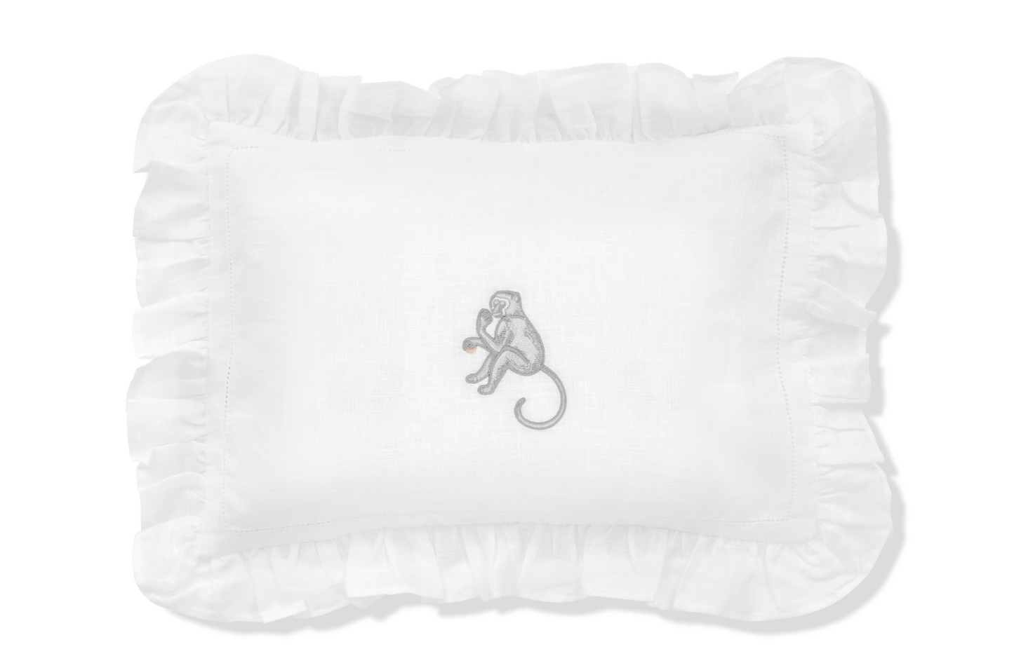 Volga Linen, Boudoir Pillow with Frill and Monkey Embroidery