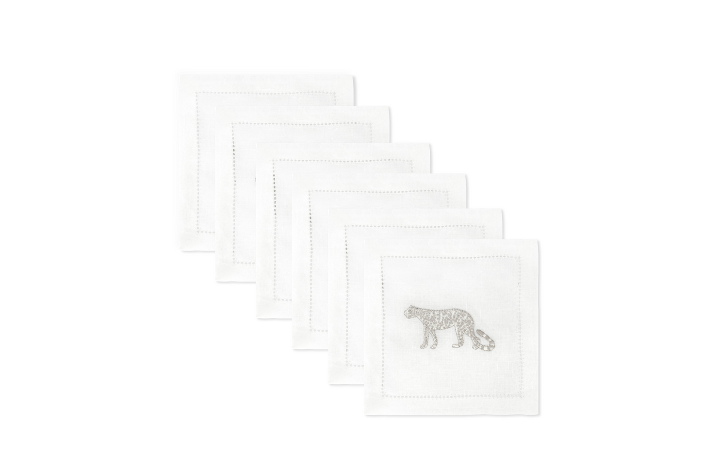 Volga Linen, Set of 6 Cocktail Napkins Hemstitch Leopard Embroidery