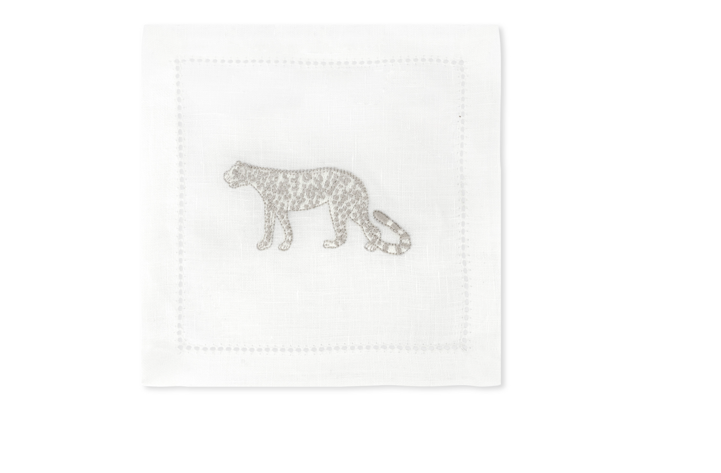 Volga Linen, Set of 6 Cocktail Napkins Hemstitch Leopard Embroidery