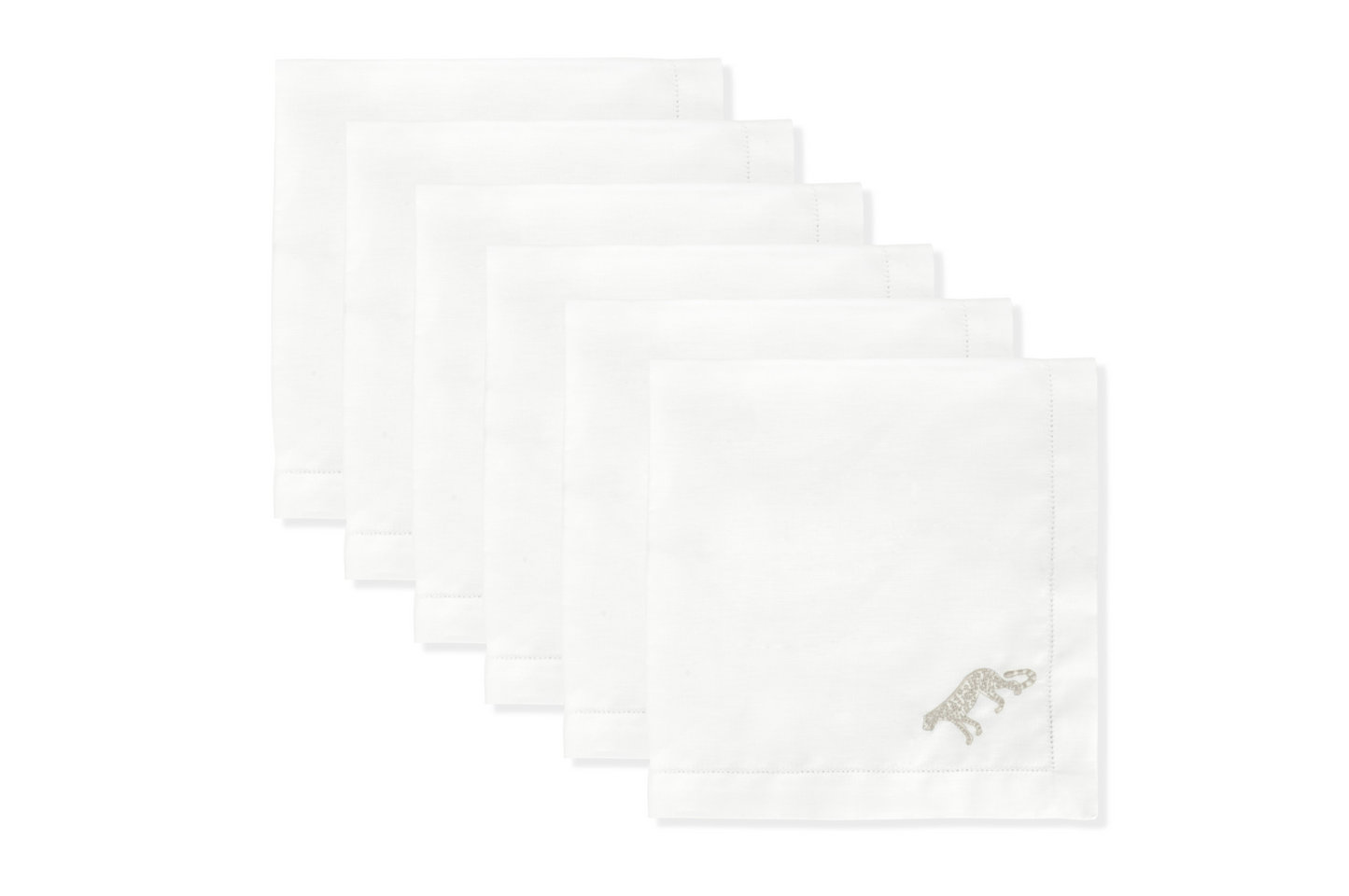 Volga Linen, Set of 6 Large Hemstitch Napkins Ivory White Leopard Embroidery