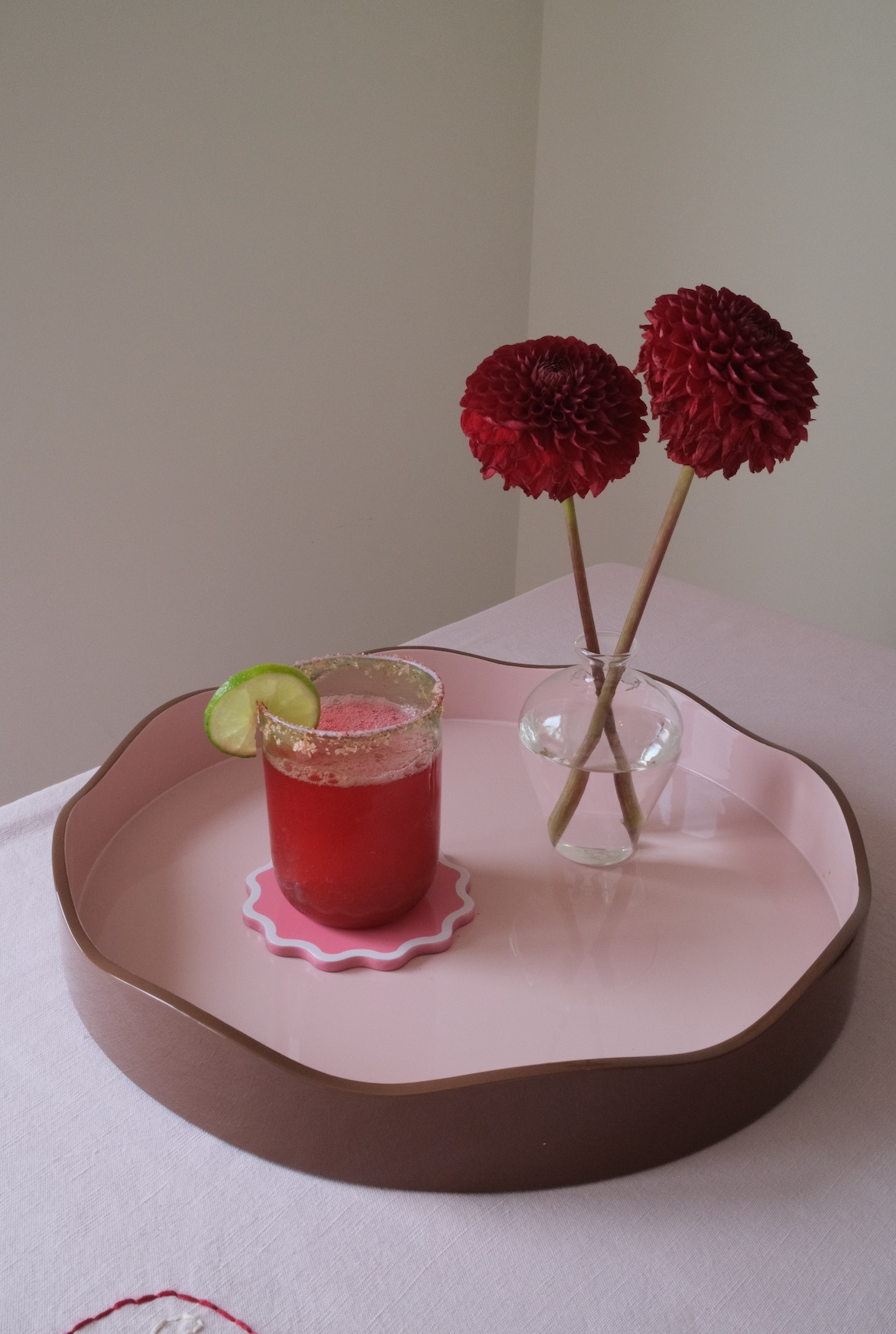 The Allegra Round Wiggle Tray in Pink and Brown