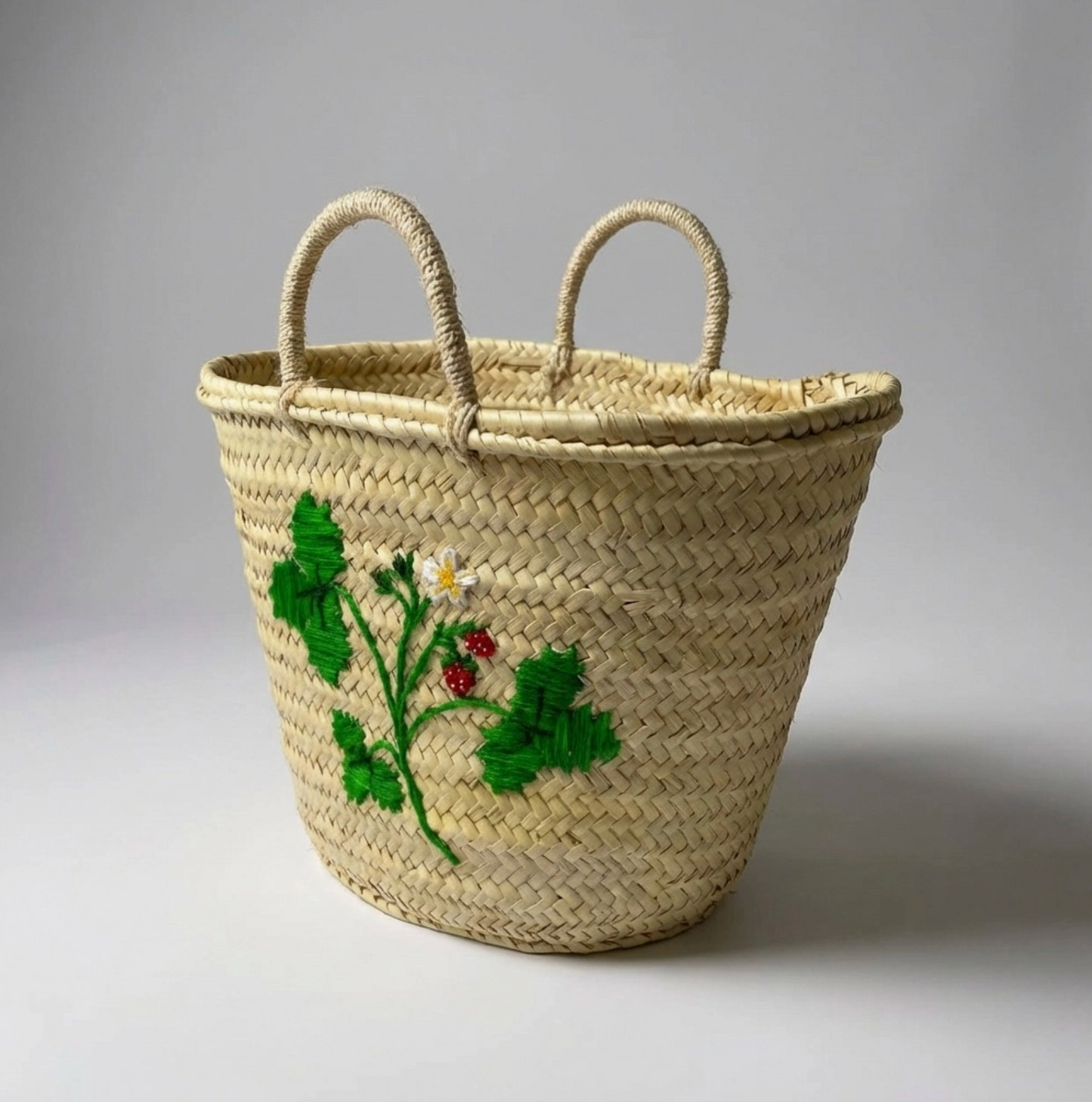 Woven Straw Basket with Embroidered Strawberry Leaf