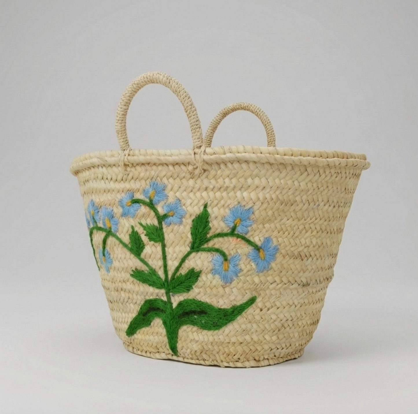 Woven Straw Basket with Embroidered Blue Floral