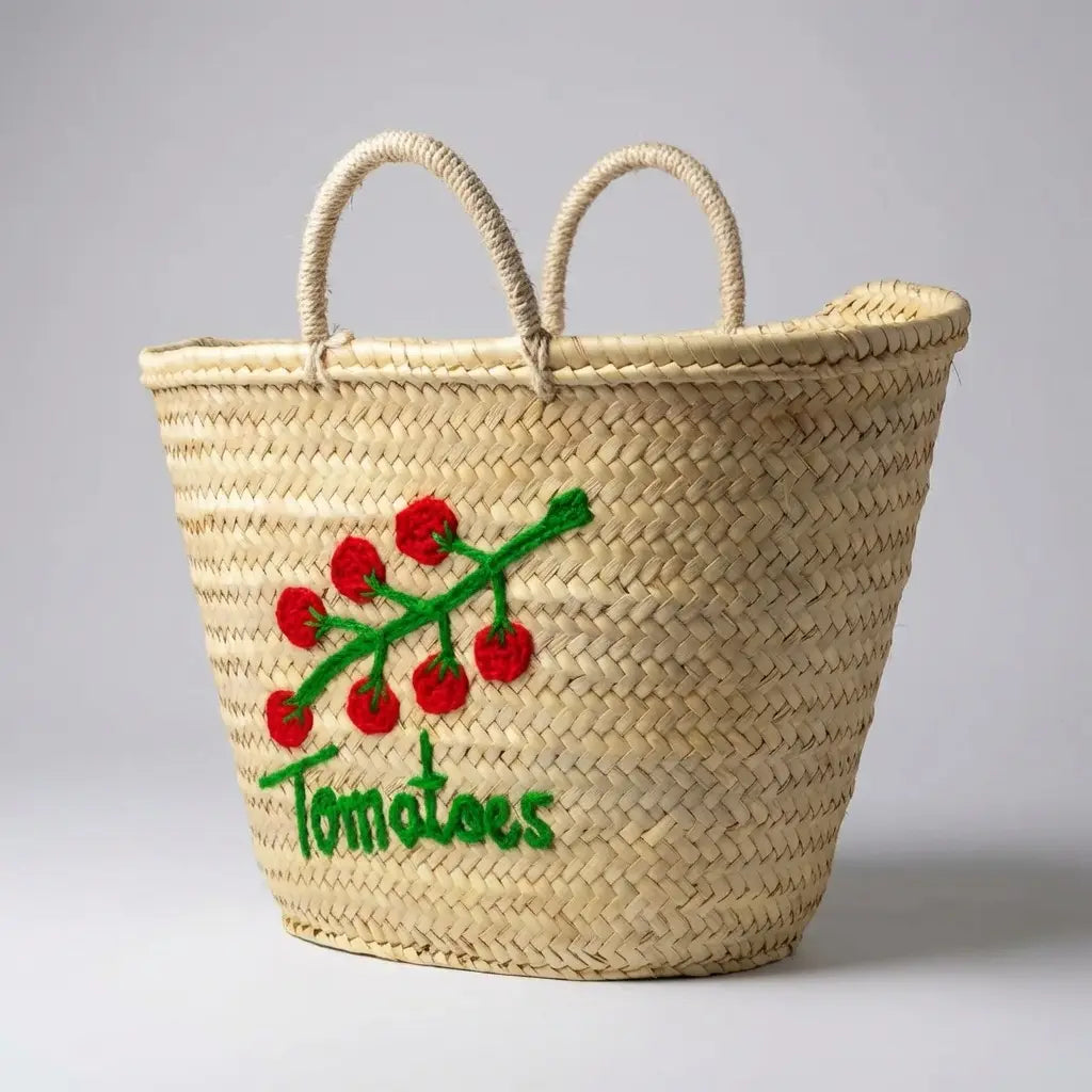 Woven Straw Basket with Embroidered Tomato Motif