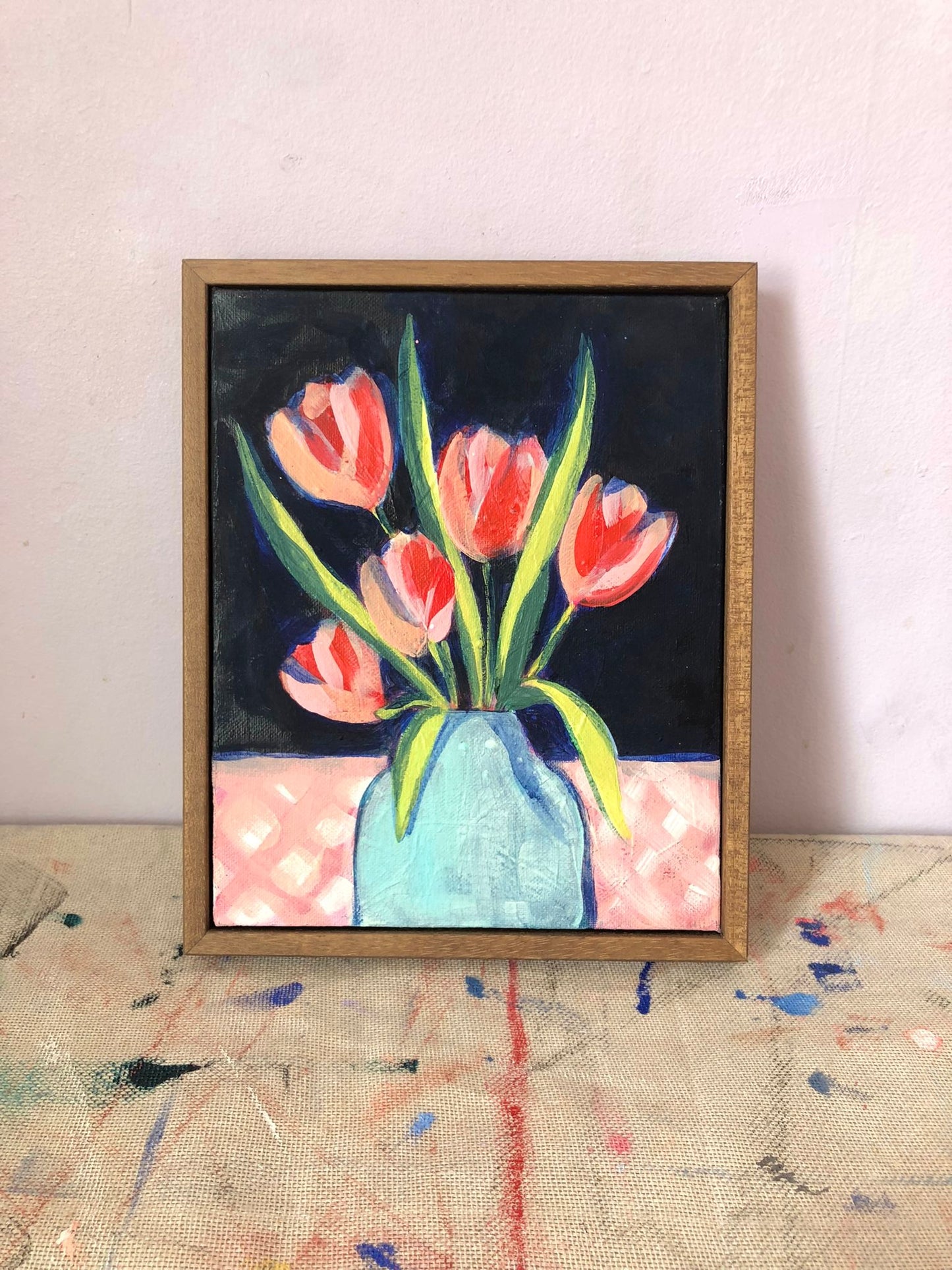 Sian Beck, 'Red tulips in vase on gingham' 2025