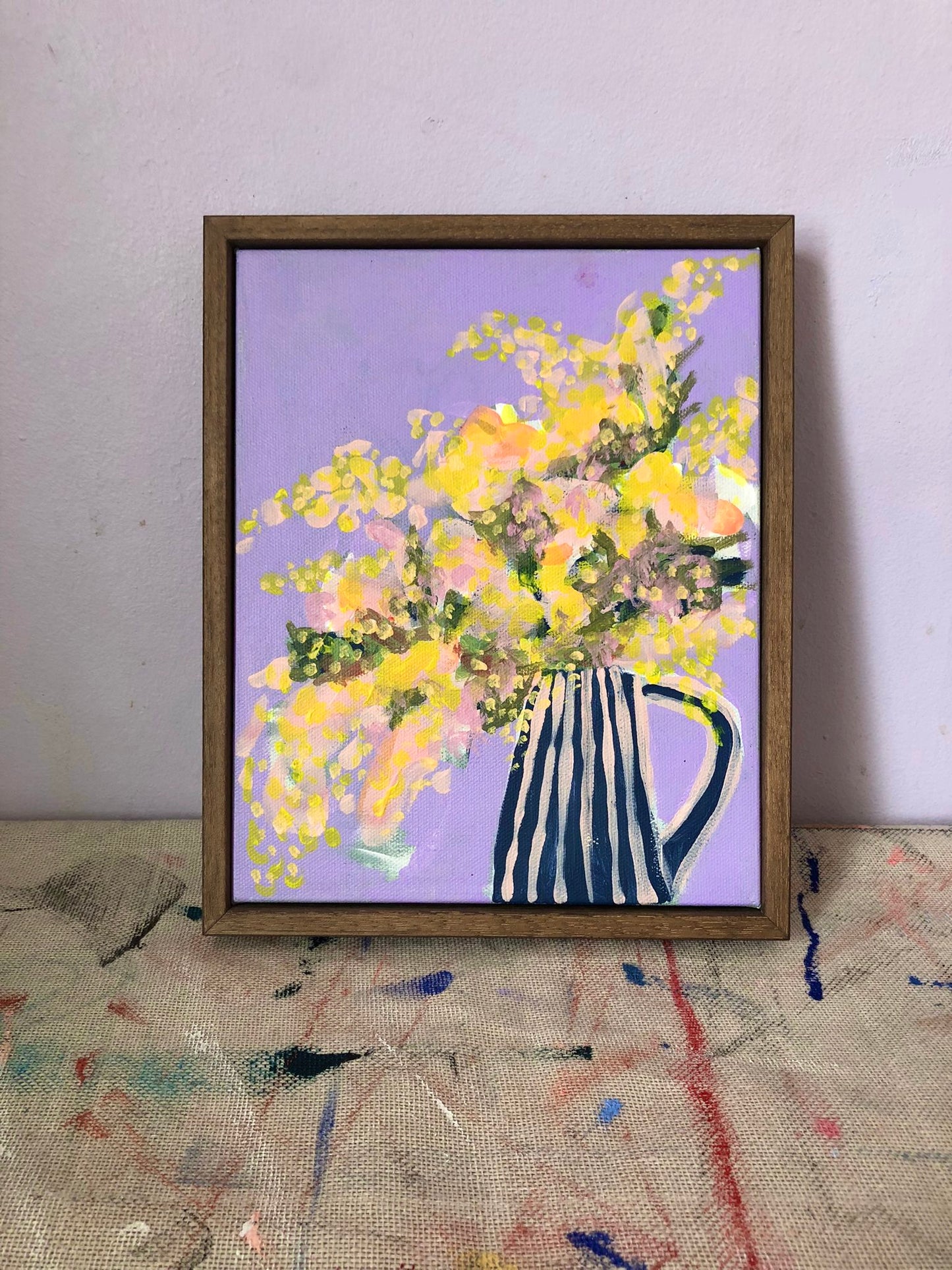 Sian Beck, 'Mimosa in jug on lilac' 2025