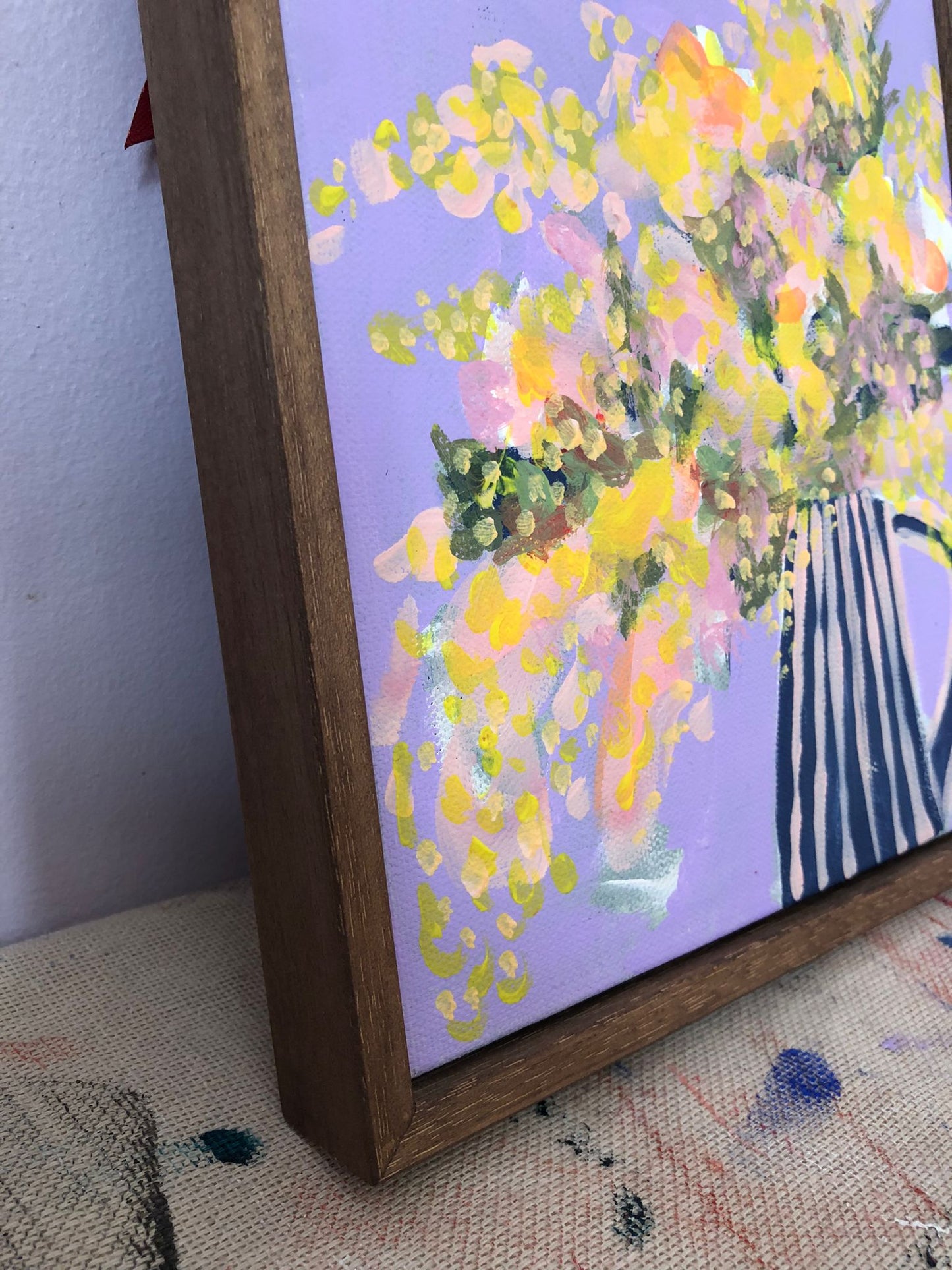 Sian Beck, 'Mimosa in jug on lilac' 2025