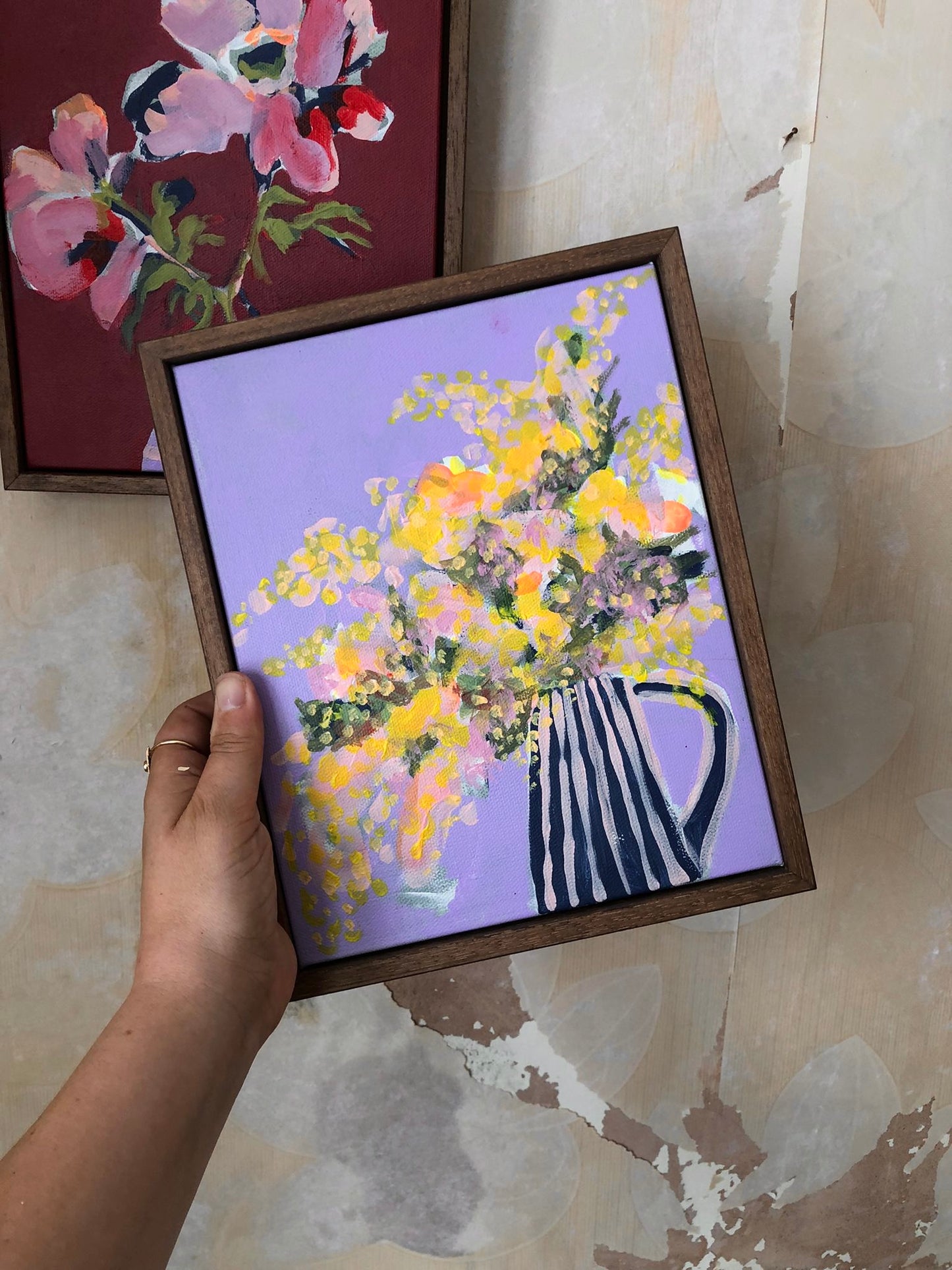 Sian Beck, 'Mimosa in jug on lilac' 2025