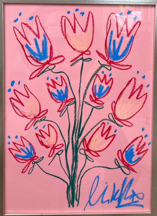 Cina Rosen, 'Ocean blue and red florals on pink paper’ 2024