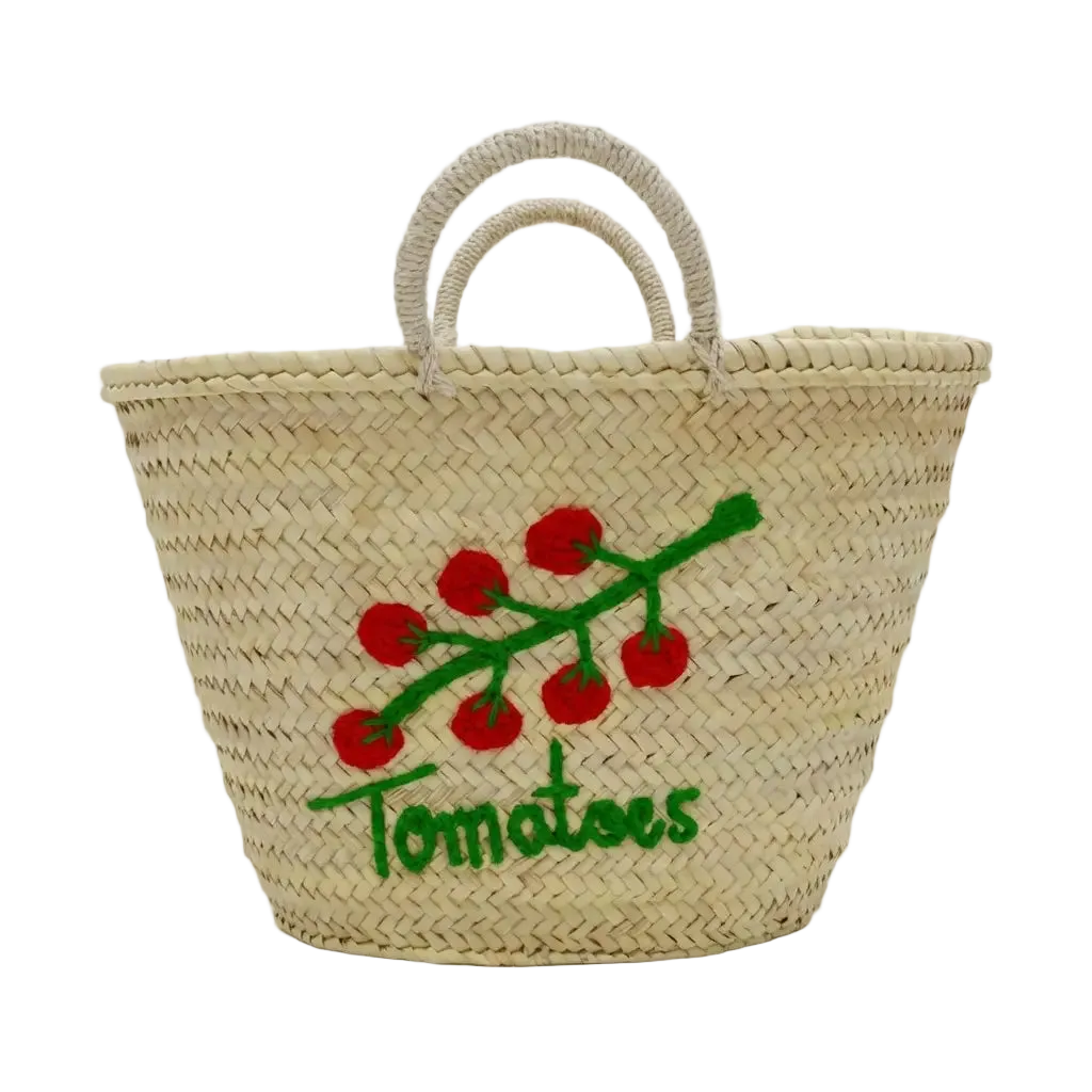 Woven Straw Basket with Embroidered Tomato Motif