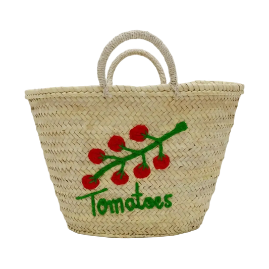 Woven Straw Basket with Embroidered Tomato Motif