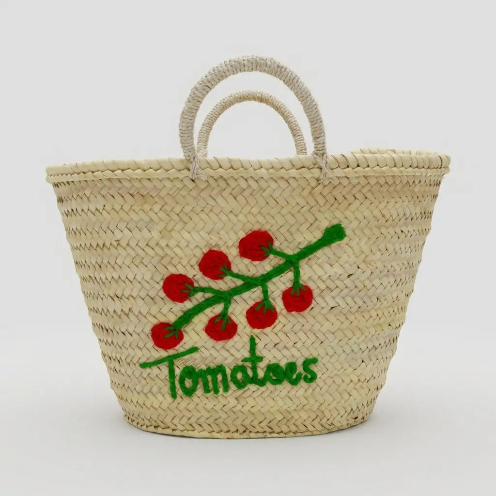 Woven Straw Basket with Embroidered Tomato Motif