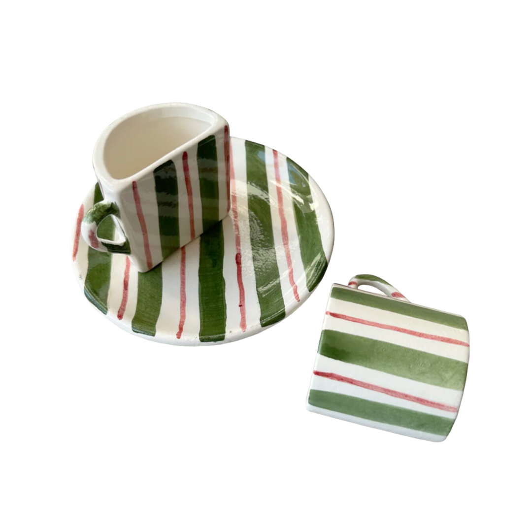 Musae Studio, Tête a Tête cup set - Green and burgundy stripes