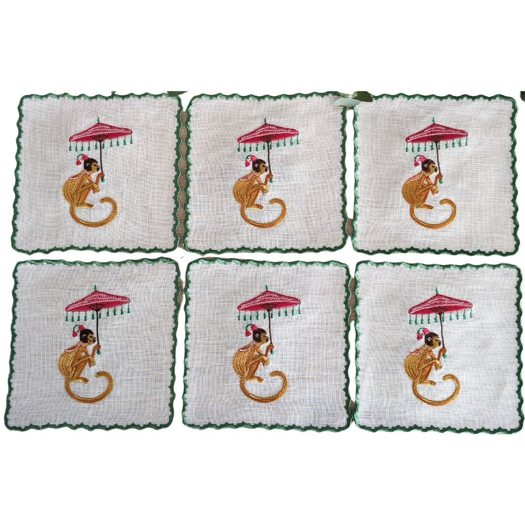 Petit Menage, Linen Monkey Cocktail Napkins, Set of Six