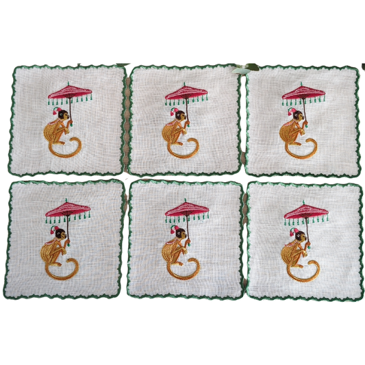 Petit Menage, Linen Monkey Cocktail Napkins, Set of Six