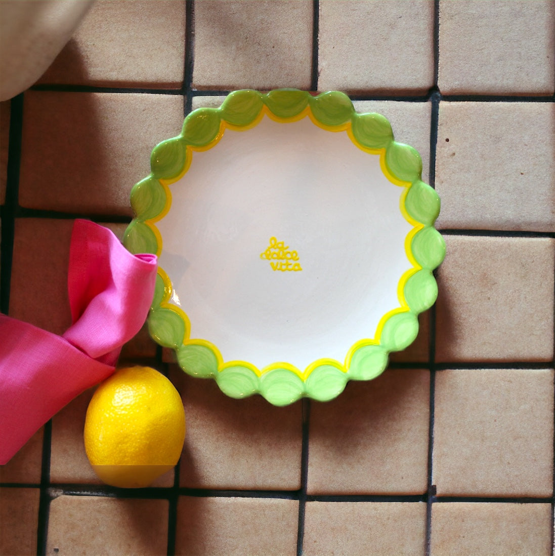 La Dolce Via Scalloped Dessert Plate in Green and Yellow