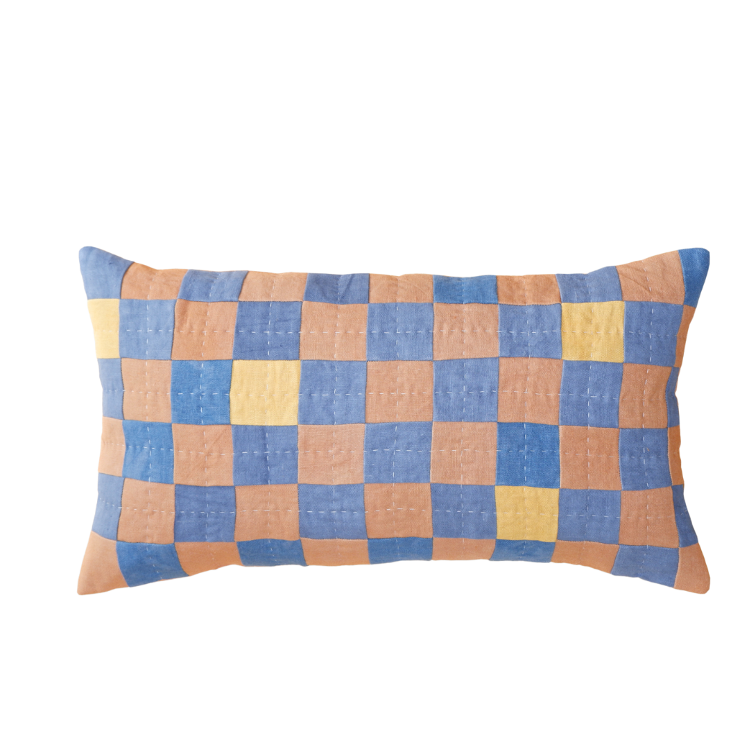 Eldorado, Chequered Cushion in Blue, Terracotta and Cream