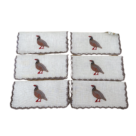 Petit Menage, Linen Partridge Cocktail Napkins, Set of Six